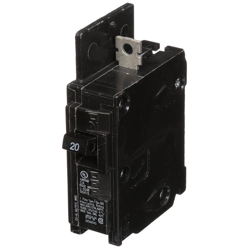 BQ1B020 Siemens BQ Molded Case Circuit Breaker 20 A 1 Pole 120/240 VAC Thermal Magnetic Load Side Lug 10 kA