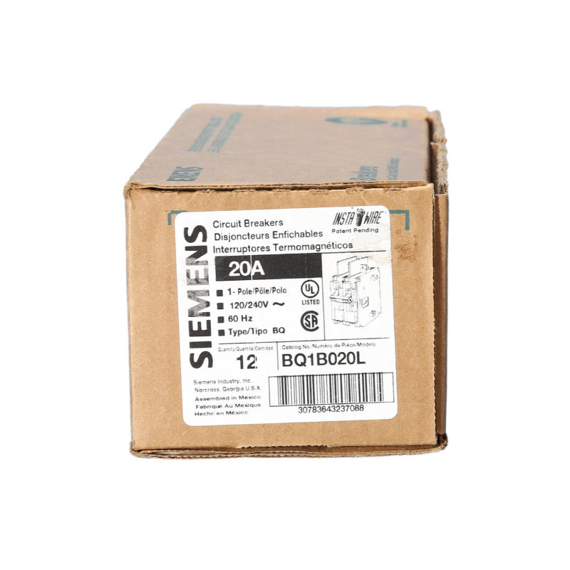 BQ1B020 Siemens BQ Molded Case Circuit Breaker 20 A 1 Pole 120/240 VAC Thermal Magnetic Load Side Lug 10 kA