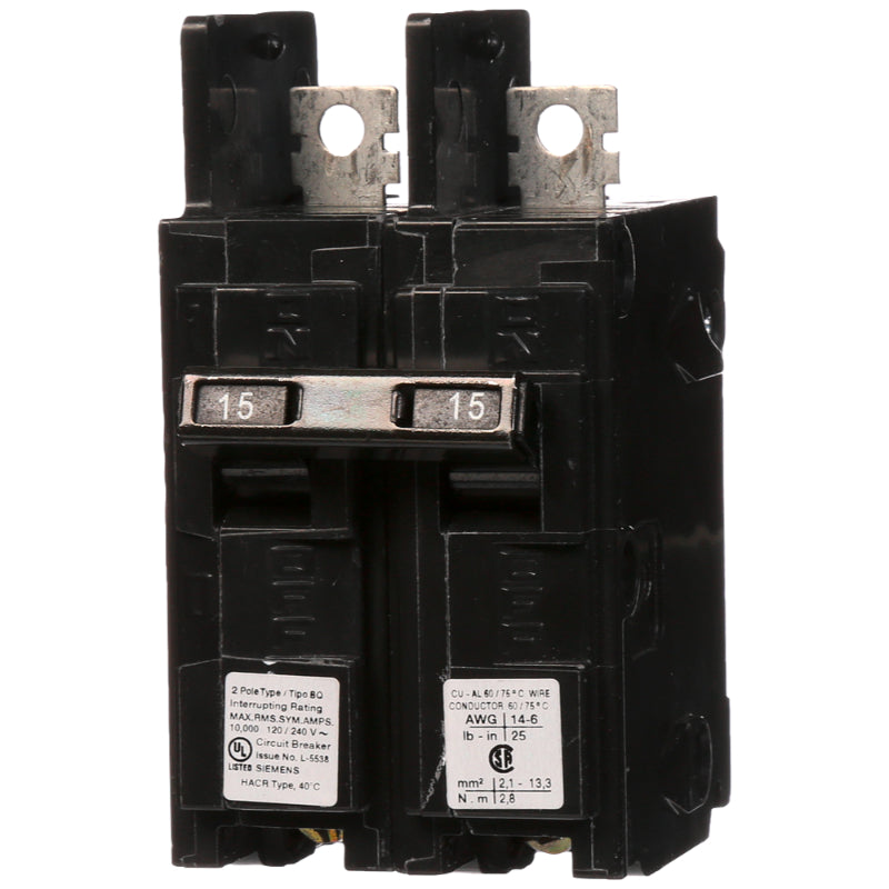 BQ2B015 Siemens BQ Molded Case Circuit Breaker 15 A 2 Pole 120/240 VAC Thermal Magnetic Load Side Lug 10 kA