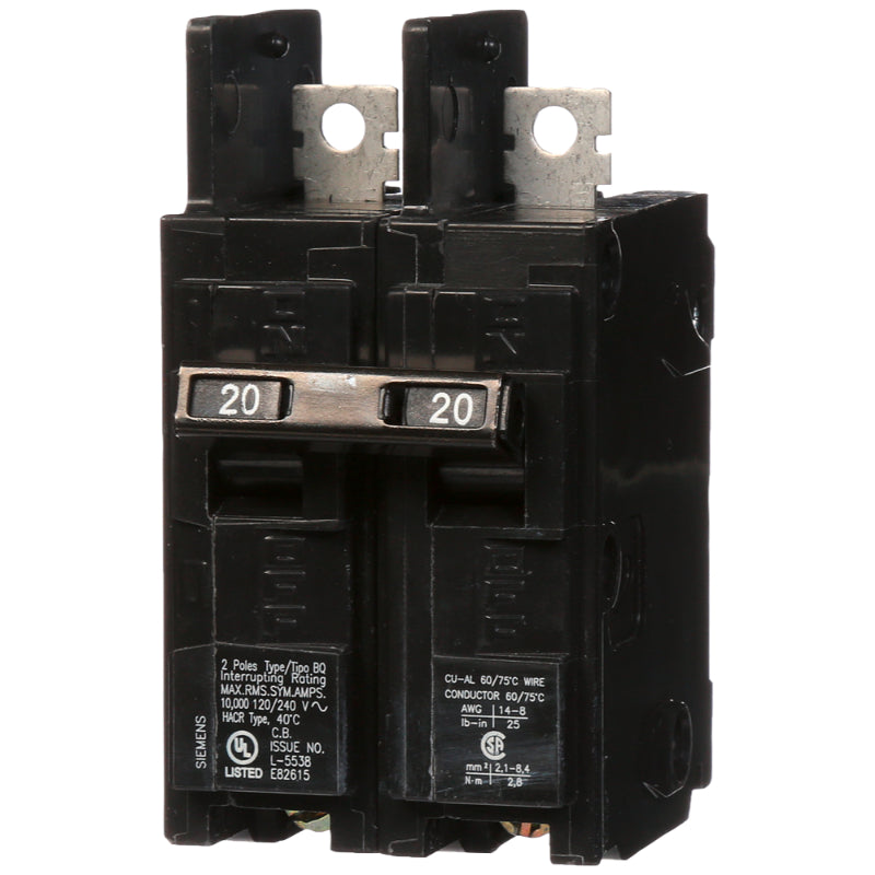 BQ2B020 Siemens BQ Molded Case Circuit Breaker 20 A 2 Pole 120/240 VAC Thermal Magnetic Load Side Lug 10 kA