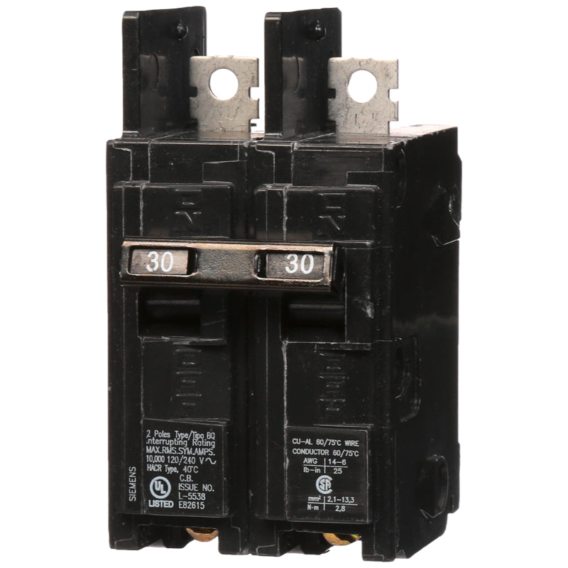 BQ2B030 Siemens BQ Molded Case Circuit Breaker 30 A 2 Pole 120/240 VAC Thermal Magnetic Load Side Lug 10 kA
