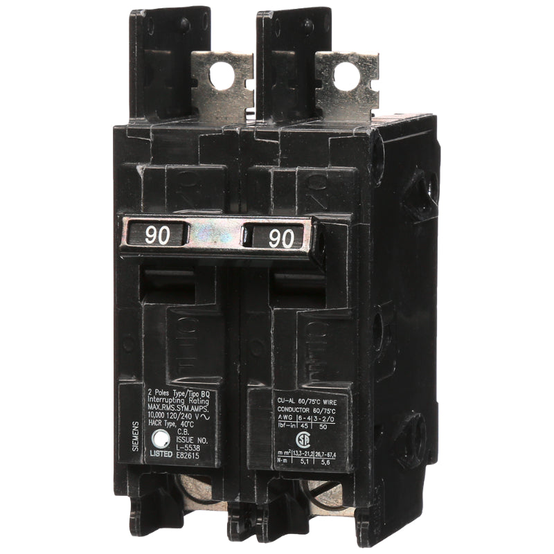 BQ2B090 Siemens BQ Molded Case Circuit Breaker 90 A 2 Pole 120/240 VAC Thermal Magnetic Load Side Lug 10 kA