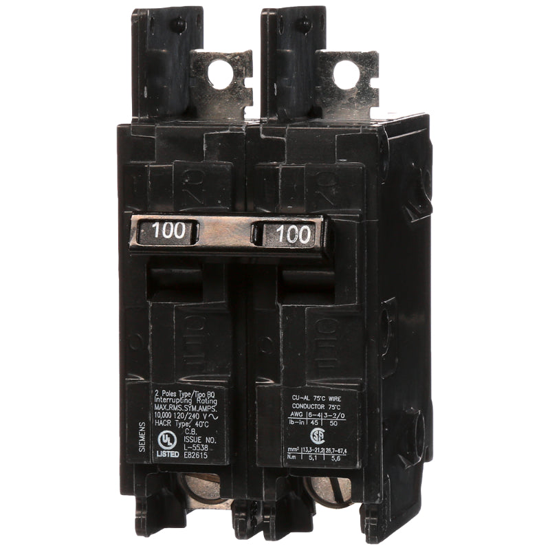 BQ2B100 Siemens BQ Molded Case Circuit Breaker 100 A 2 Pole 120/240 VAC Thermal Magnetic Load Side Lug 10 kA