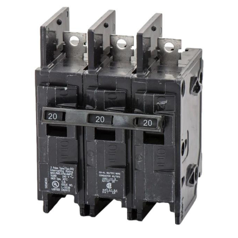 BQ3B020 Siemens BQ Molded Case Circuit Breaker 20 A 3 Pole 240 VAC Thermal Magnetic Load Side Lug 10 kA