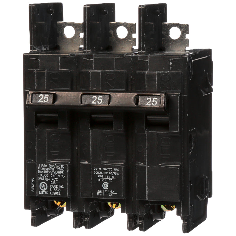 BQ3B025 Siemens BQ Molded Case Circuit Breaker 25 A 3 Pole 240 VAC Thermal Magnetic Load Side Lug 10 kA