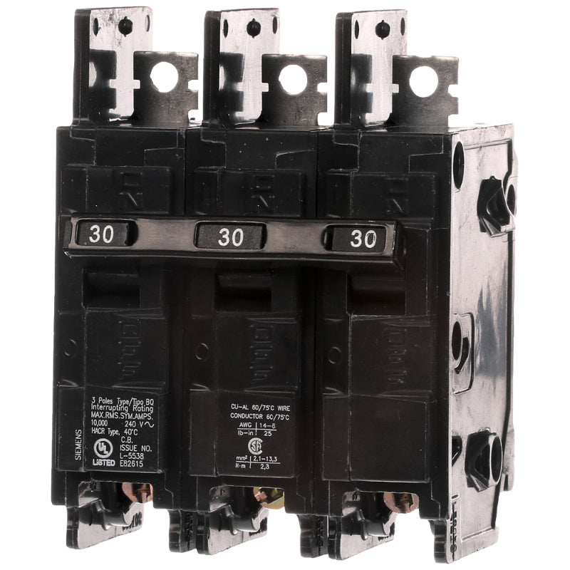 BQ3B030 Siemens BQ Molded Case Circuit Breaker 30 A 3 Pole 240 VAC Thermal Magnetic Load Side Lug 10 kA