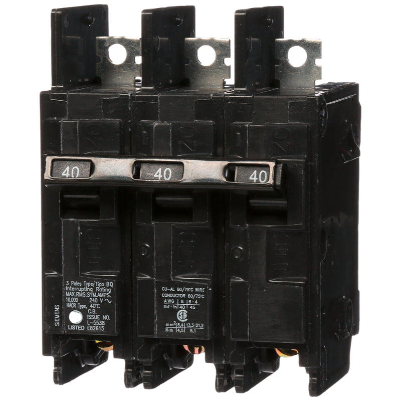 BQ3B040 Siemens BQ Molded Case Circuit Breaker 40 A 3 Pole 240 VAC Thermal Magnetic Load Side Lug 10 kA