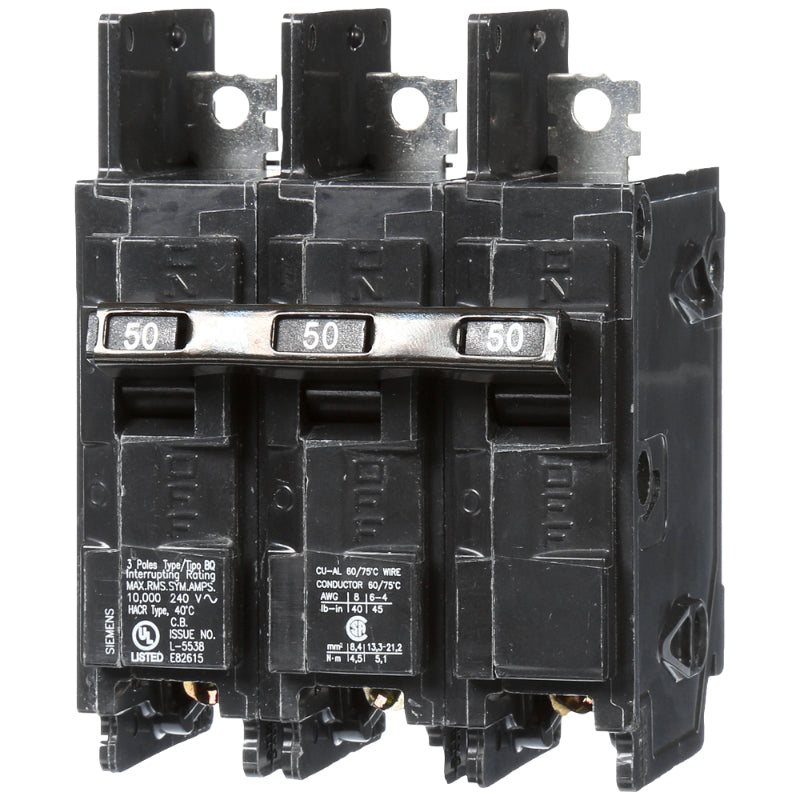 BQ3B050 Siemens BQ Molded Case Circuit Breaker 50 A 3 Pole 240 VAC Thermal Magnetic Load Side Lug 10 kA