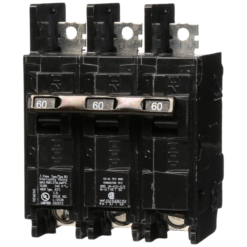 BQ3B060 Siemens BQ Molded Case Circuit Breaker 60 A 3 Pole 240 VAC Thermal Magnetic Load Side Lug 10 kA