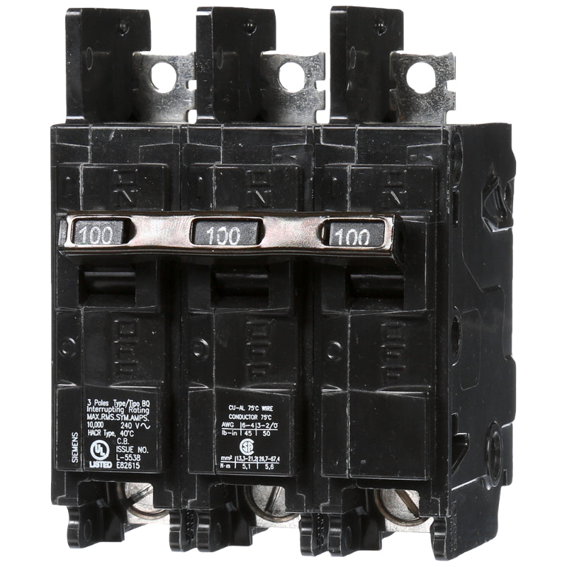 BQ3B100 Siemens BQ Molded Case Circuit Breaker 100 A 3 Pole 240 VAC Thermal Magnetic Load Side Lug 10 kA