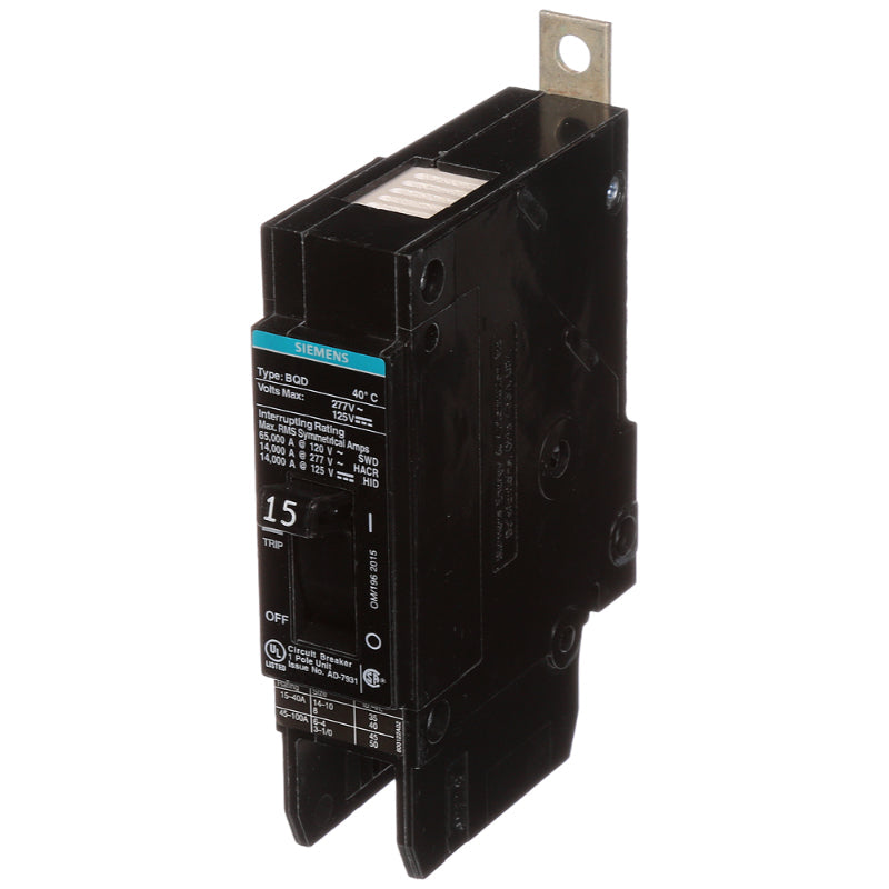 BQD115 Siemens BQD Molded Case Circuit Breaker 15 A 1 Pole 277 VAC BQD 100A Frame Thermal Magnetic Load Lug 14 kA