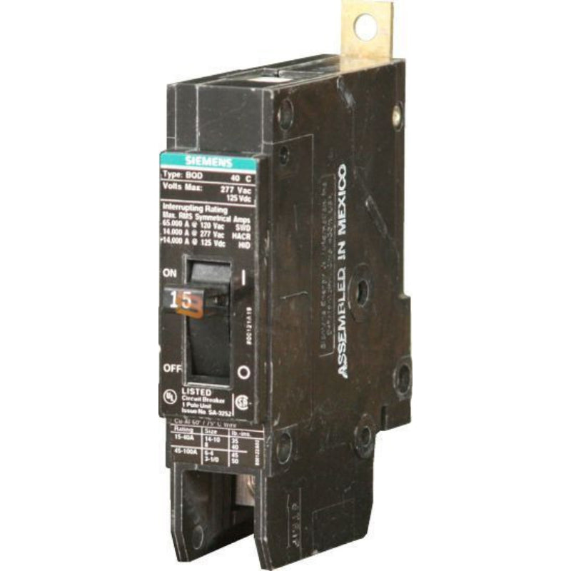 BQD115 Siemens BQD Molded Case Circuit Breaker 15 A 1 Pole 277 VAC BQD 100A Frame Thermal Magnetic Load Lug 14 kA