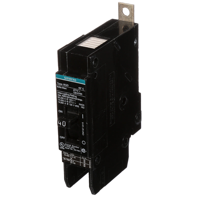 BQD140 Siemens BQD Molded Case Circuit Breaker 40 A 1 Pole 277 VAC BQD 100A Frame Thermal Magnetic Load Lug 14 kA