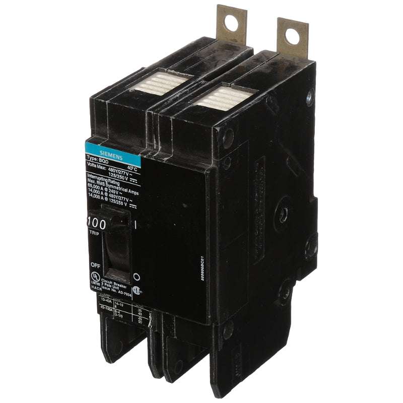 BQD2100 Siemens BQD Molded Case Circuit Breaker 100 A 2 Pole 480 VAC BQD 100A Frame Thermal Magnetic Load Lug 14 kA