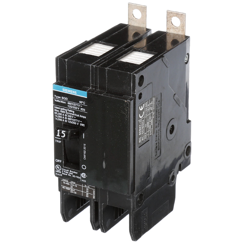 BQD215 Siemens BQD Molded Case Circuit Breaker 15 A 2 Pole 480 VAC BQD 100A Frame Thermal Magnetic Load Lug 65 kA