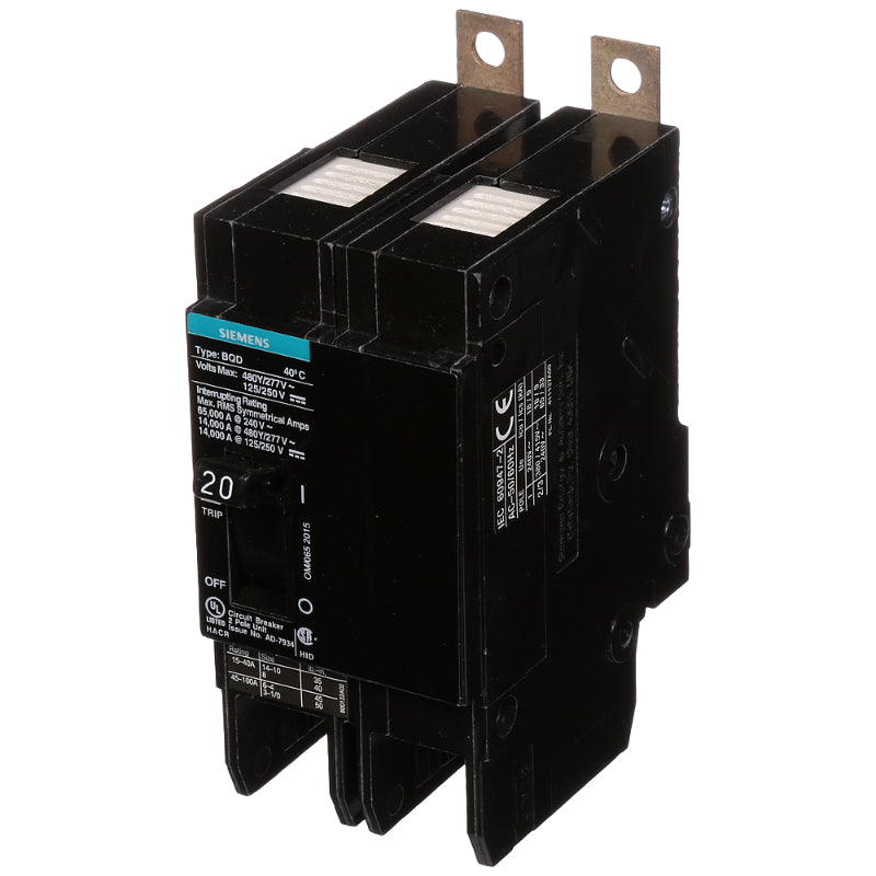 BQD220 Siemens BQD Molded Case Circuit Breaker 20 A 2 Pole 480 VAC BQD 100A Frame Thermal Magnetic Load Lug 65 kA