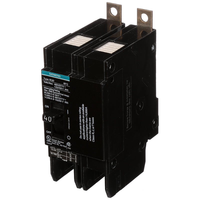 BQD240 Siemens BQD Molded Case Circuit Breaker 40 A 2 Pole 480 VAC BQD 100A Frame Thermal Magnetic Load Lug 14 kA