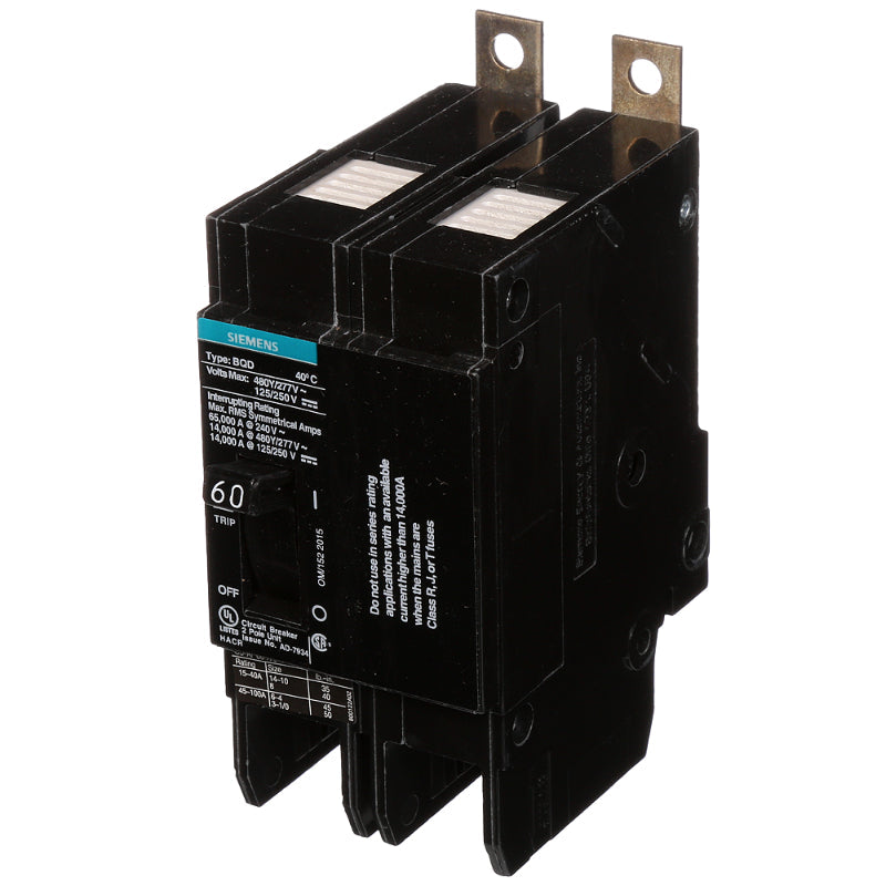 BQD260 Siemens BQD Molded Case Circuit Breaker 60 A 2 Pole 480 VAC BQD 100A Frame Thermal Magnetic Load Lug 14 kA