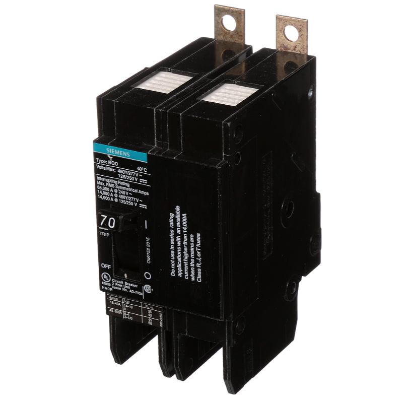 BQD270 Siemens BQD Molded Case Circuit Breaker 70 A 2 Pole 480 VAC BQD 100A Frame Thermal Magnetic Load Lug 14 kA