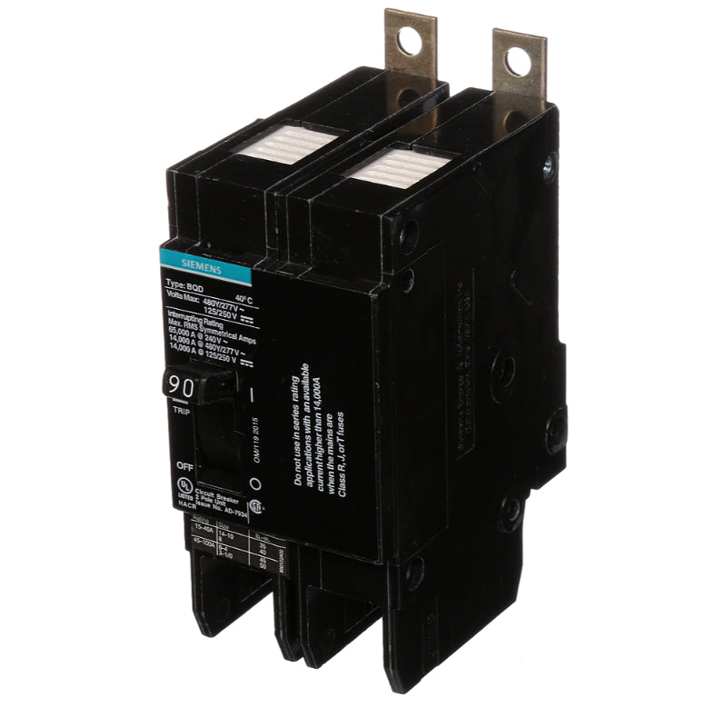 BQD290 Siemens BQD Molded Case Circuit Breaker 90 A 2 Pole 480 VAC BQD 100A Frame Thermal Magnetic Load Lug 14 kA