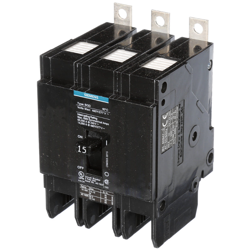 BQD315 Siemens BQD Molded Case Circuit Breaker 15 A 3 Pole 480 VAC BQD Frame Thermal Magnetic Load Lug 65 kA
