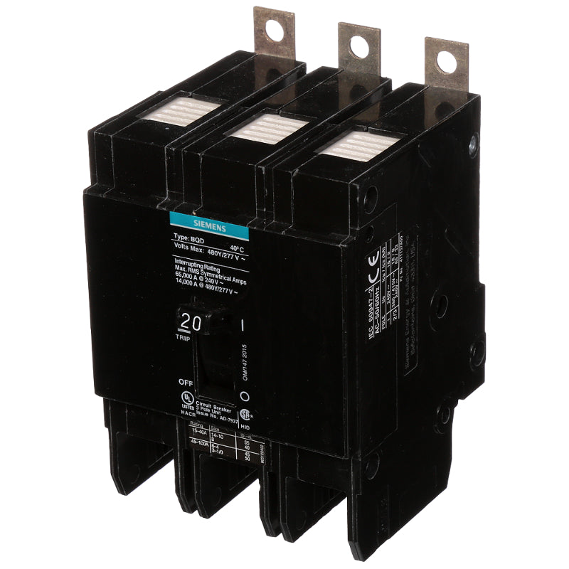 BQD320 Siemens BQD Molded Case Circuit Breaker 20 A 3 Pole 480 VAC BQD 100A Frame Thermal Magnetic Load Lug 65 kA