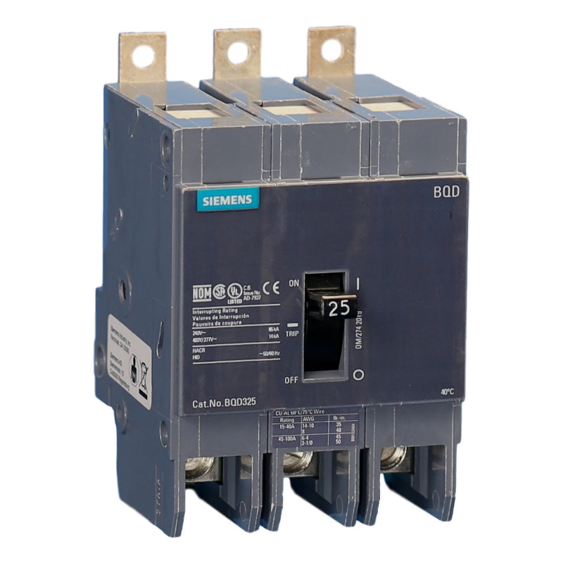 BQD325 Siemens BQD Molded Case Circuit Breaker 25 A 3 Pole 480 VAC BQD 100A Frame Thermal Magnetic Load Lug 65 kA