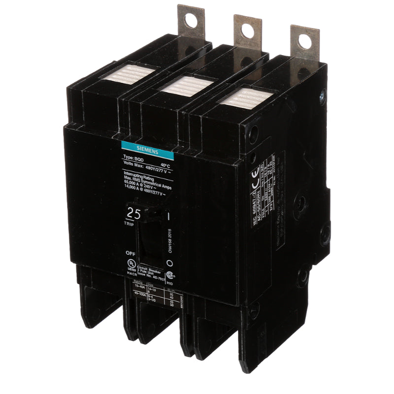 BQD325 Siemens BQD Molded Case Circuit Breaker 25 A 3 Pole 480 VAC BQD 100A Frame Thermal Magnetic Load Lug 65 kA