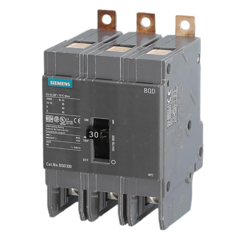 BQD330 Siemens BQD Molded Case Circuit Breaker 30 A 3 Pole 480 VAC BQD 100A Frame Thermal Magnetic Load Lug 65 kA
