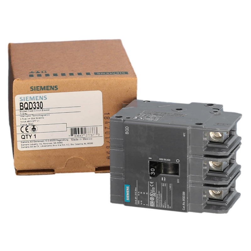 BQD330 Siemens BQD Molded Case Circuit Breaker 30 A 3 Pole 480 VAC BQD 100A Frame Thermal Magnetic Load Lug 65 kA