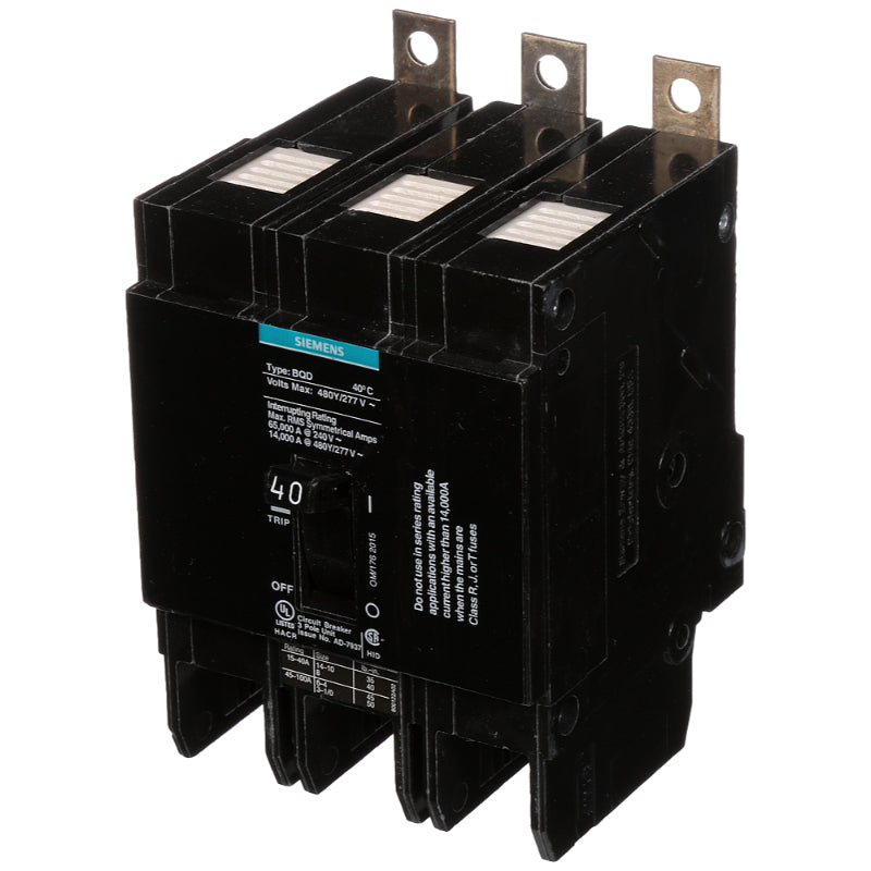 BQD340 Siemens BQD Molded Case Circuit Breaker 40 A 3 Pole 480 VAC BQD 100A Frame Thermal Magnetic Load Lug 14 kA