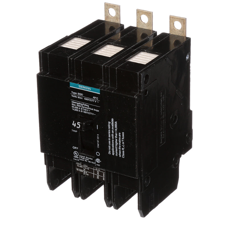 BQD345 Siemens BQD Molded Case Circuit Breaker 45 A 3 Pole 480 VAC BQD 100A Frame Thermal Magnetic Load Lug 14 kA