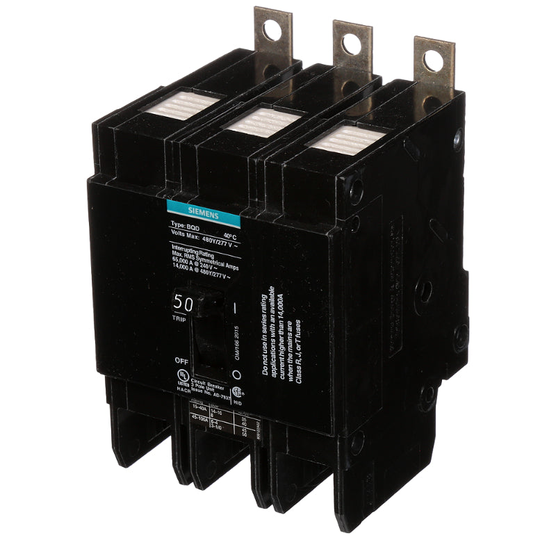 BQD350 Siemens BQD Molded Case Circuit Breaker 50 A 3 Pole 480 VAC BQD 100A Frame Thermal Magnetic Load Lug 14 kA