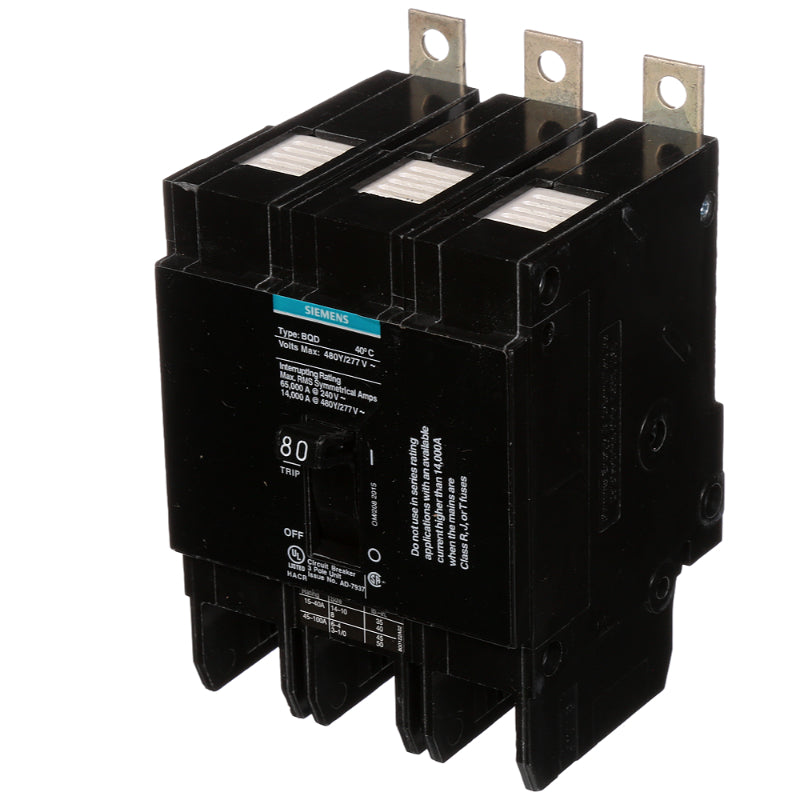 BQD380 Siemens BQD Molded Case Circuit Breaker 80 A 3 Pole 480 VAC BQD 100A Frame Thermal Magnetic Load Lug 14 kA