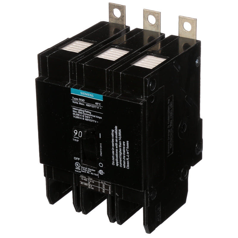 BQD390 Siemens BQD Molded Case Circuit Breaker 90 A 3 Pole 480 VAC BQD 100A Frame Thermal Magnetic Load Lug 14 kA
