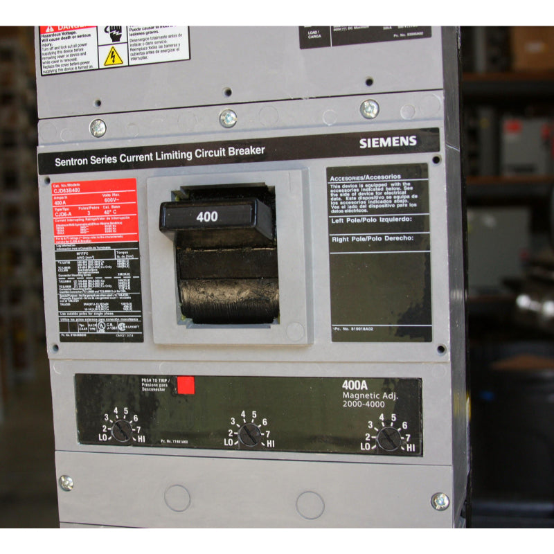 CJD63B400 Siemens Sentron & CJD6-A Molded Case Circuit Breaker 400 A 3 Pole 600 VAC JD 400A Frame Thermal Magnetic Line and Load Side Lug 200000 A