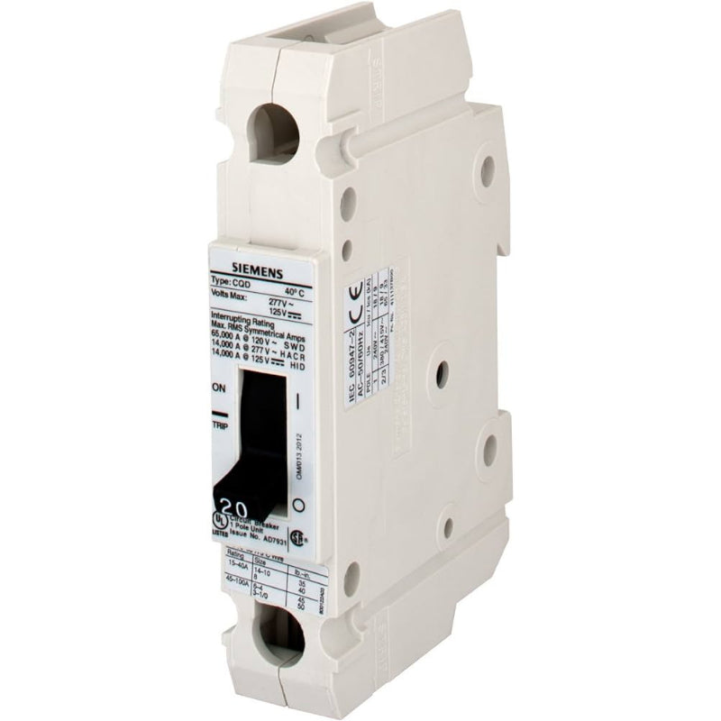 CQD120 Siemens CQD Molded Case Circuit Breaker 20 A 1 Pole 277 VAC CQD 100A Frame Thermal Magnetic Cable 65 kA
