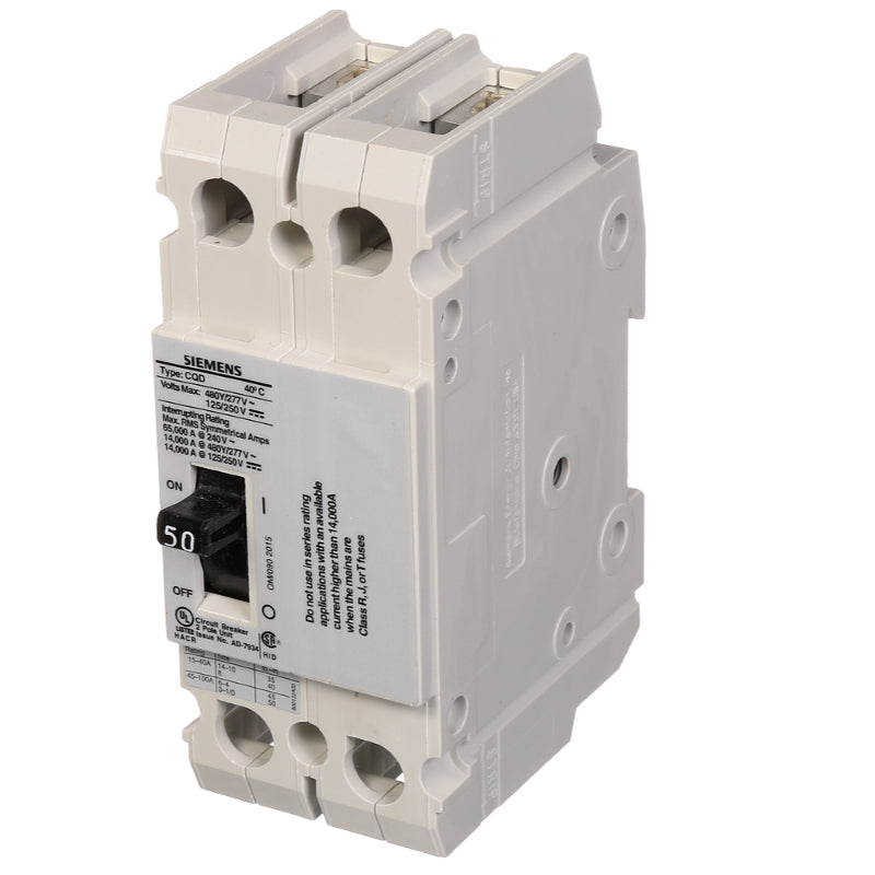 CQD250 Siemens CQD Molded Case Circuit Breaker 50 A 2 Pole 480Y/277 VAC CQD 100A Frame Thermal Magnetic Cable 65 kA
