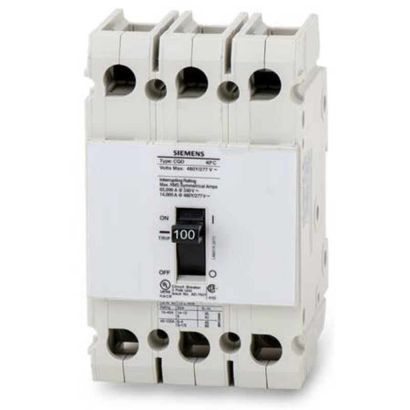CQD3100 Siemens CQD Molded Case Circuit Breaker 100 A 3 Pole 480Y/277 VAC CQD 100A Frame Thermal Magnetic Cable 65 kA