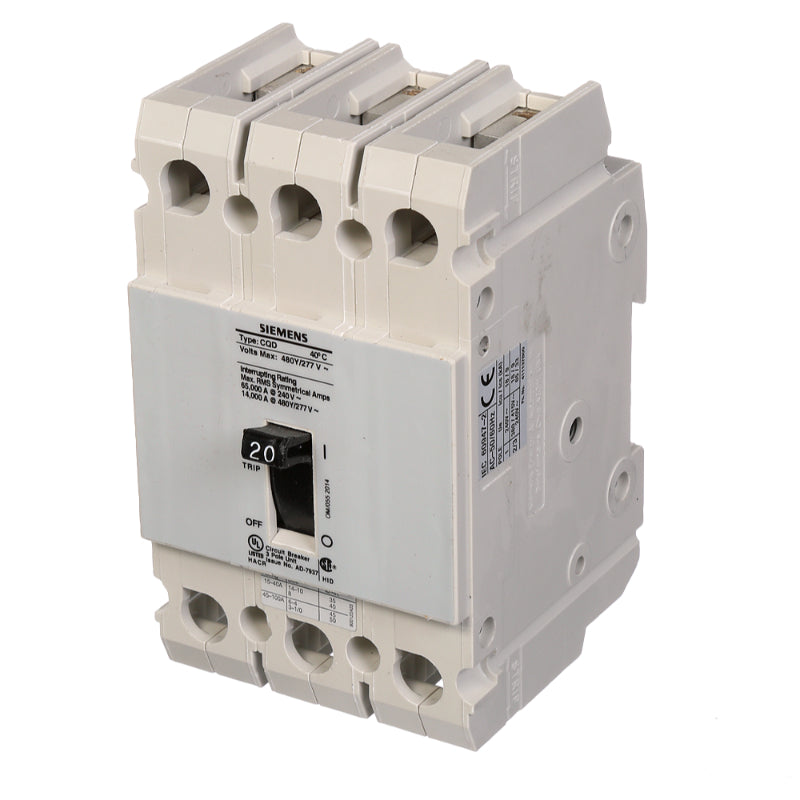 CQD320 Siemens CQD Molded Case Circuit Breaker 20 A 3 Pole 480Y/277 VAC CQD 100A Frame Thermal Magnetic Cable 65 kA