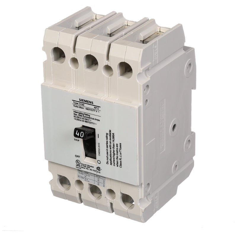 CQD340 Siemens CQD Molded Case Circuit Breaker 40 A 3 Pole 480Y/277 VAC CQD 100A Frame Thermal Magnetic Cable 65 kA