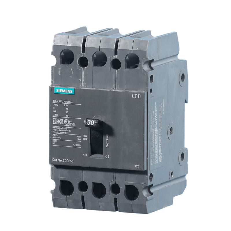 CQD350 Siemens CQD Molded Case Circuit Breaker 50 A 3 Pole 480Y/277 VAC CQD 100A Frame Thermal Magnetic Cable 65 kA