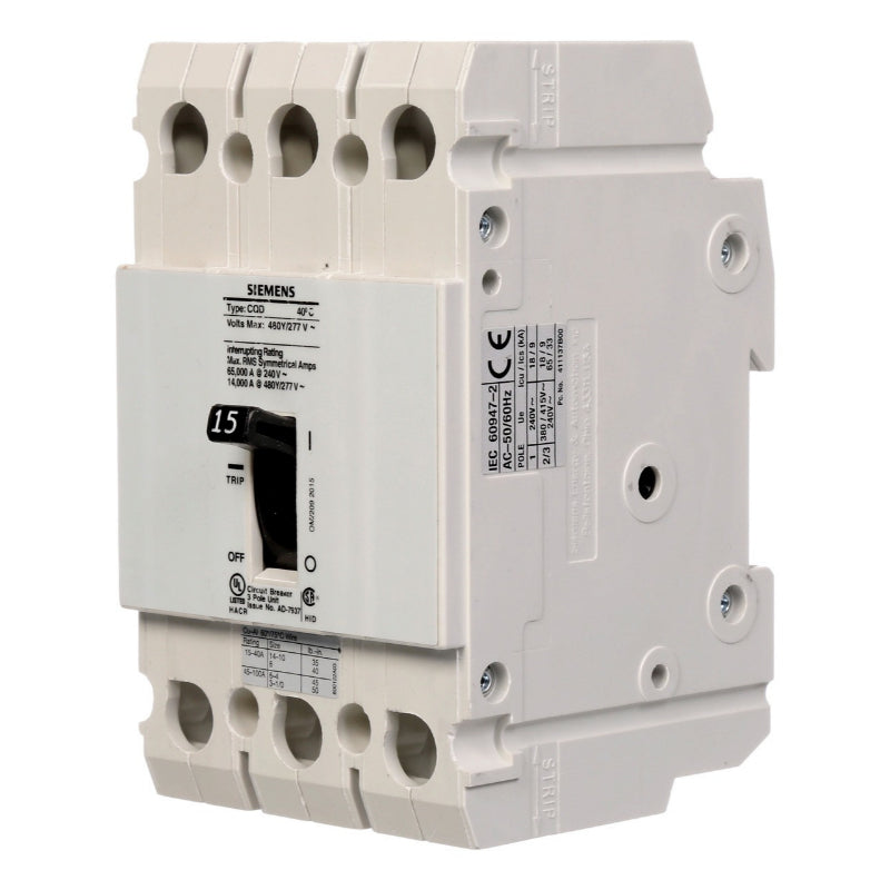 CQD390 Siemens CQD Molded Case Circuit Breaker 90 A 3 Pole 480Y/277 VAC CQD 100A Frame Thermal Magnetic Cable 65 kA