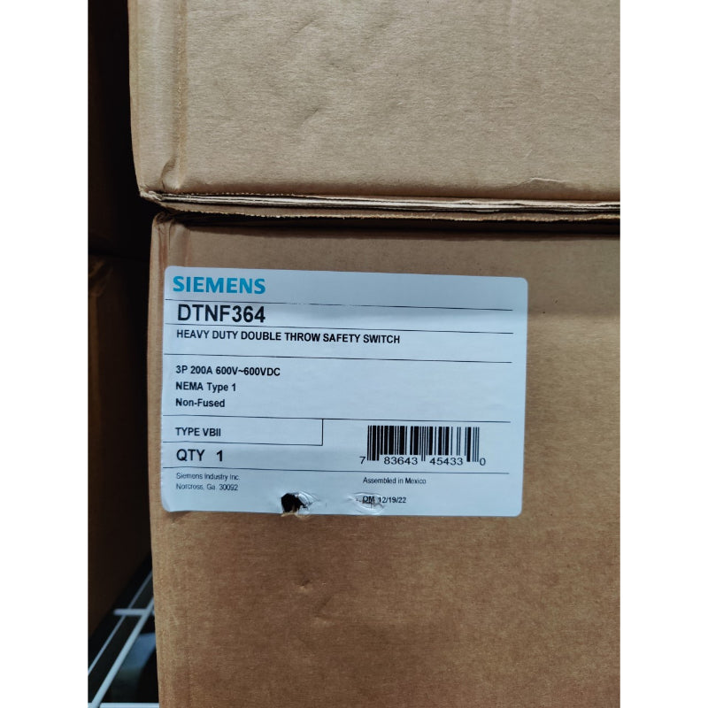 DTNF364 Siemens Safety Switch 600 V 200 A Non-Fusible 3PDT 3 Pole