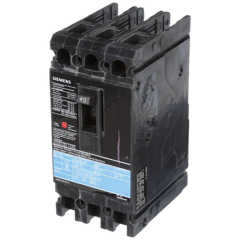 ED43B040 Siemens Sentron & ED4 Molded Case Circuit Breaker 40 A 3 Pole 480 VAC ED 125A Frame Thermal Magnetic Load Side Lug 65 kA
