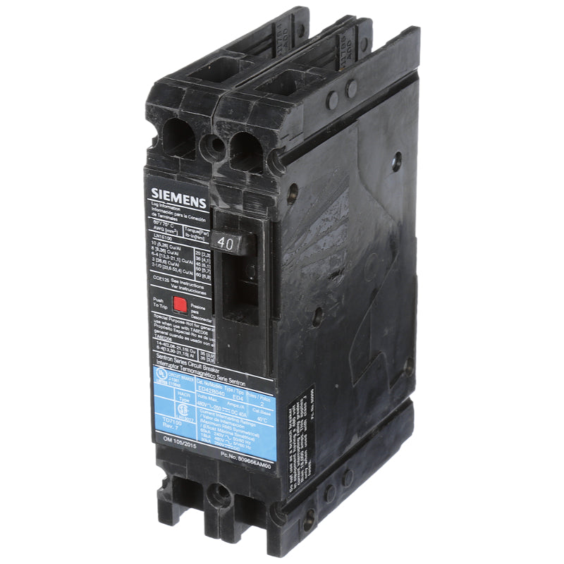 ED42B040 Siemens Sentron ED Molded Case Circuit Breaker 40 A 2 Pole 480 VAC ED 125A Frame Thermal Magnetic Load Lug 30 kA