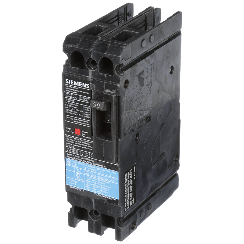 ED42B050 Siemens Sentron ED Molded Case Circuit Breaker 50 A 2 Pole 480 VAC ED 125A Frame Thermal Magnetic Load Lug 30 kA