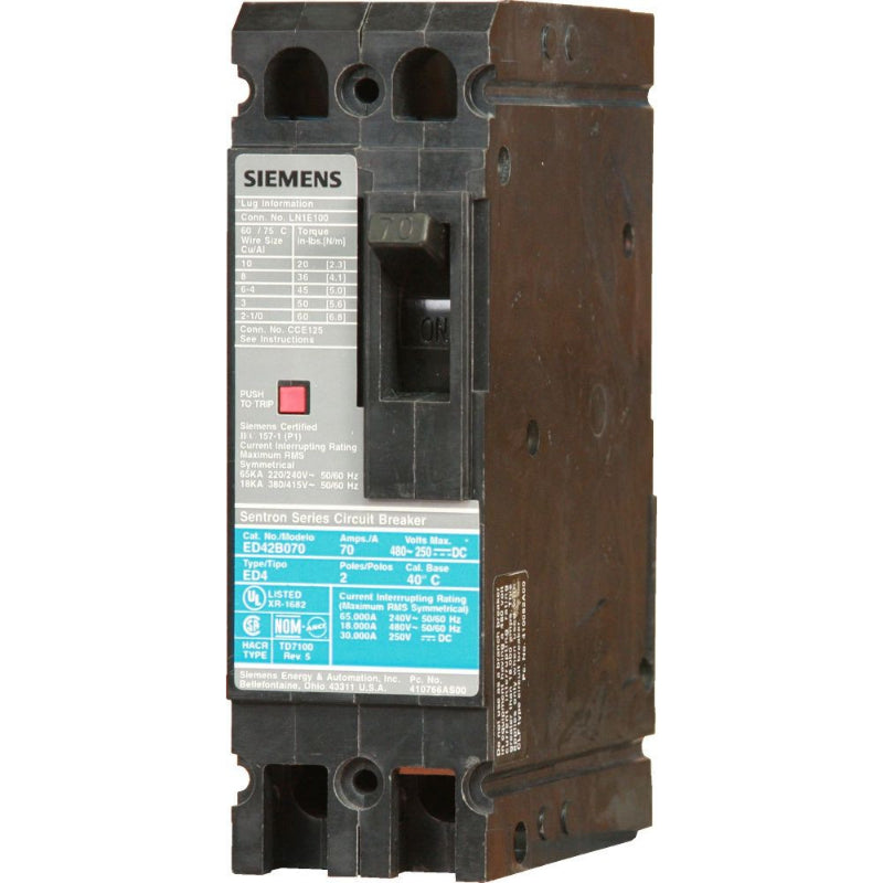 ED42B125L Siemens Sentron ED Molded Case Circuit Breaker 125 A 2 Pole 480 VAC ED 125A Frame Thermal Magnetic Line and Load Side Lug 30 kA