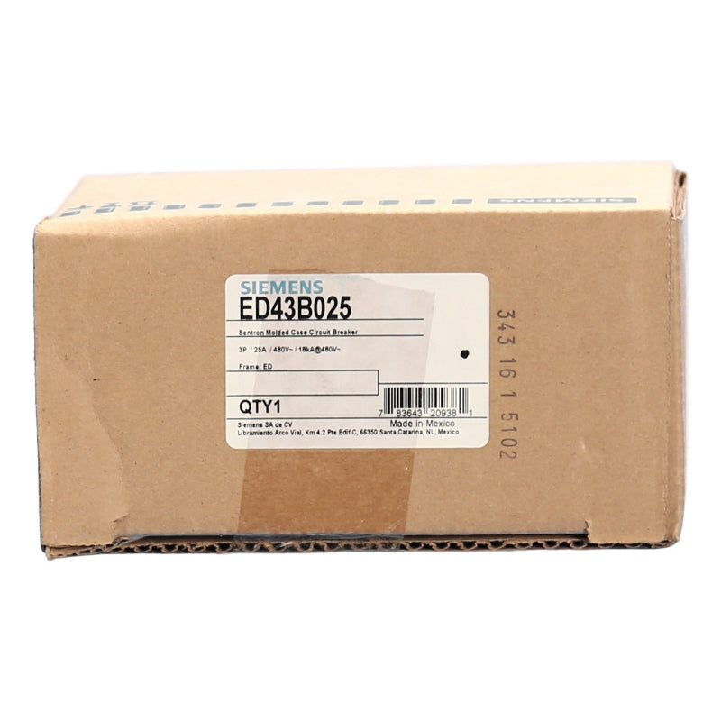 ED43B025 Siemens Sentron ED Molded Case Circuit Breaker 25 A 3 Pole 480 VAC ED 125A Frame Thermal Magnetic Load Lug 18 kA