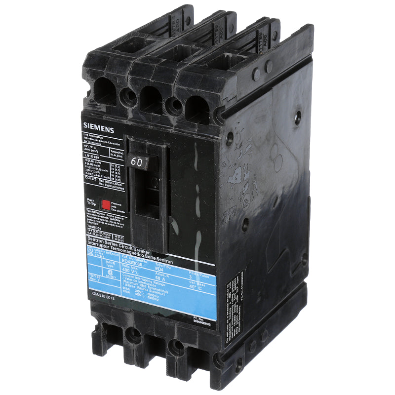 ED43B060 Siemens Sentron ED Molded Case Circuit Breaker 60 A 3 Pole 480 VAC ED 125A Frame Thermal Magnetic Load Lug 18 kA